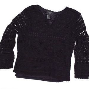 Black Long Sleeve Feminine Lace Like Sheer Goth Top Large